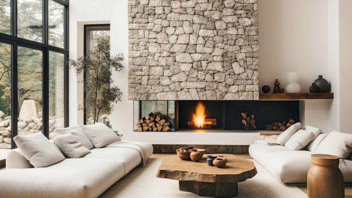 Fireplace with built in shelving in a living room near Galena, IL, & Dubuque, IA.