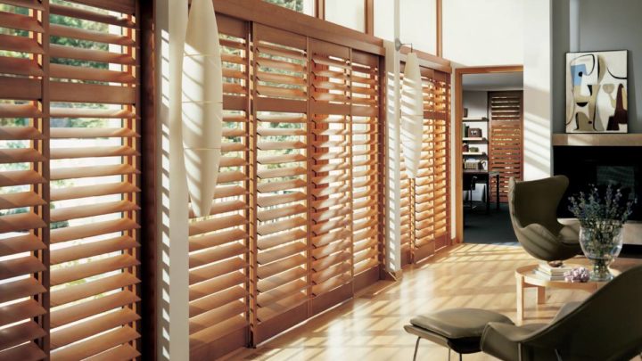 Hunter Douglas wood shutters in a living room near Galena, IL