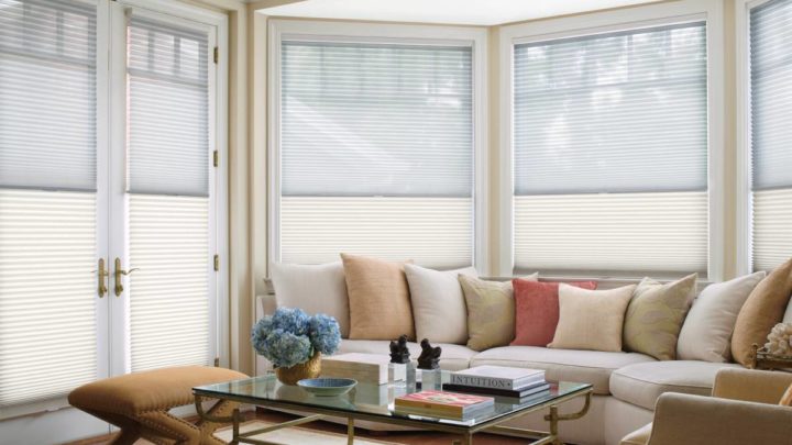 Hunter Douglas bay window treatments in a living room near Galena, IL