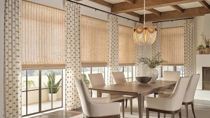 Hunter Douglas farmhouse window treatments in a dining room near Galena, IL, and Dubuque, IA