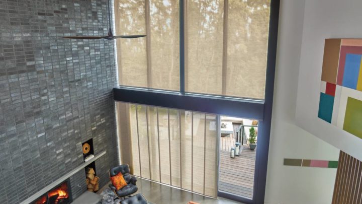 Skyline® Panel-Track Blinds covering patio doors near Galena, IL, and Dubuque, IA