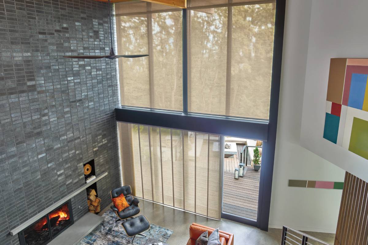 Skyline® Panel-Track Blinds covering patio doors near Galena, IL, and Dubuque, IA