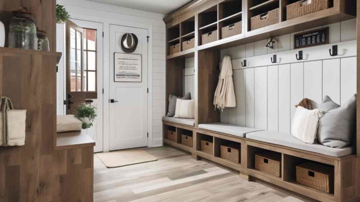 Modern mudroom with mudroom hall tree bench and other furniture at Vignettes Home near Galena, IL, and Dubuque, IA