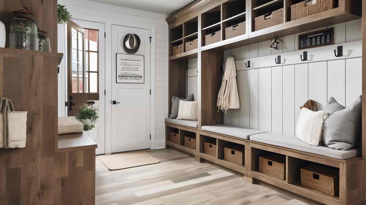 Modern mudroom with mudroom hall tree bench and other furniture at Vignettes Home near Galena, IL, and Dubuque, IA