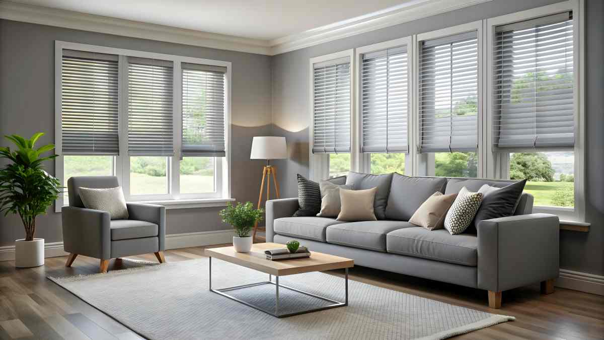 Custom blinds covering multiple windows in a living room at Vignettes Home near Galena, IL, and Dubuque, IA