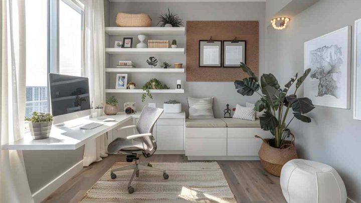 White home office with white writing desk and white bookshelf at Vignettes Home near Galena, IL, and Dubuque, IA