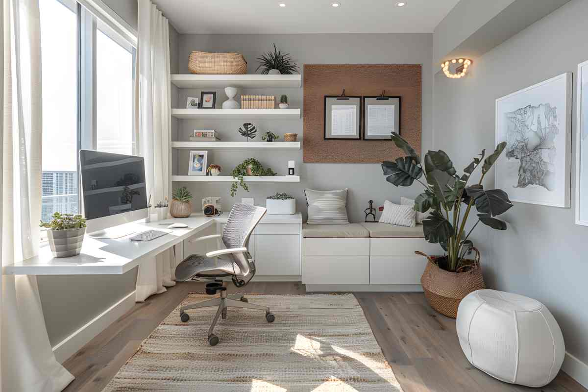 White home office with white writing desk and white bookshelf at Vignettes Home near Galena, IL, and Dubuque, IA