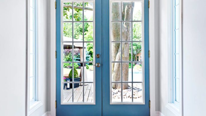 Blue French door in a hallway leading out to a patio near Galena, IL, and Dubuque, IA